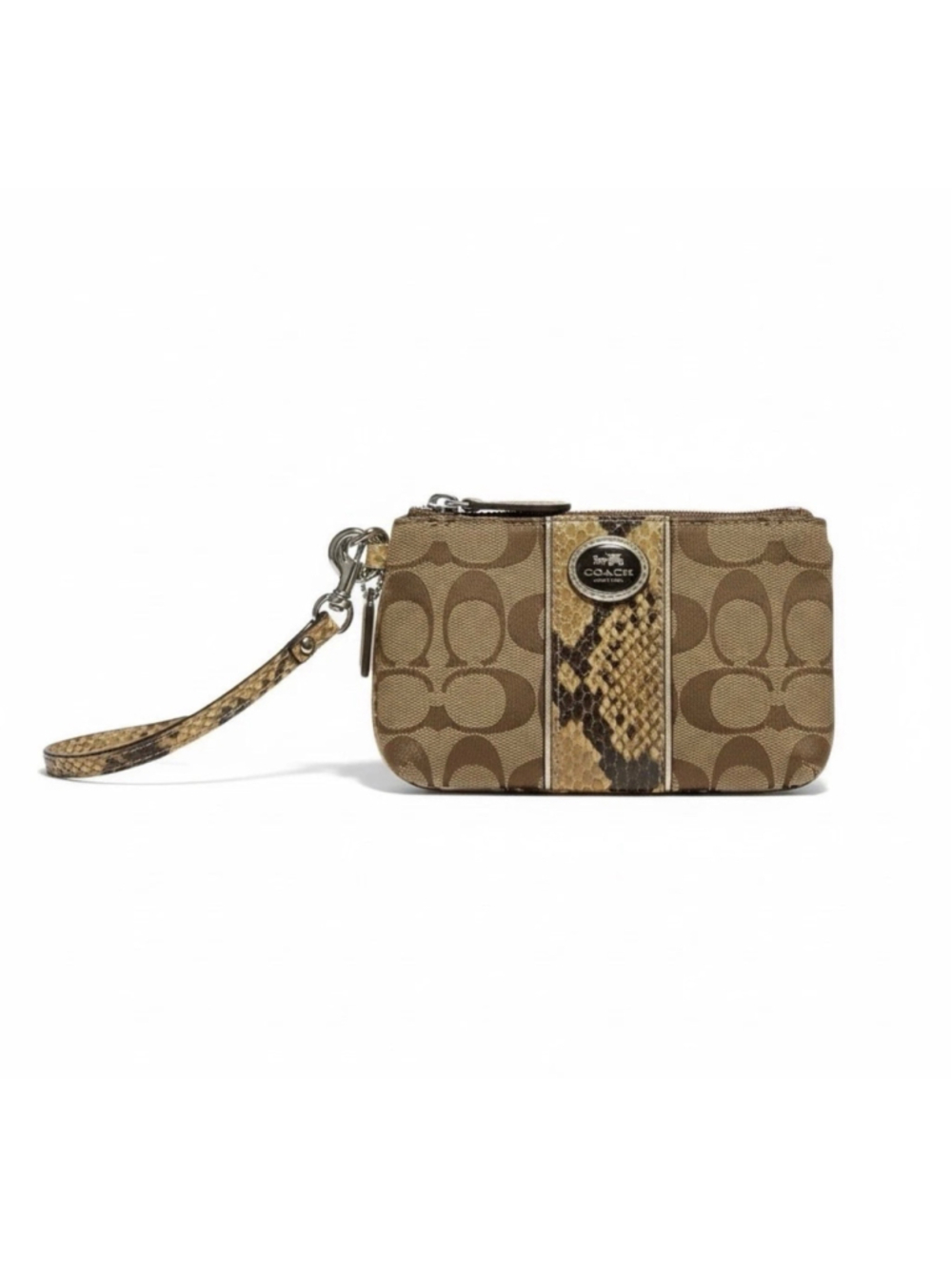 Women's Coach Heritage Signature Logo Snakeskin and Canvas Wristlet Clutch